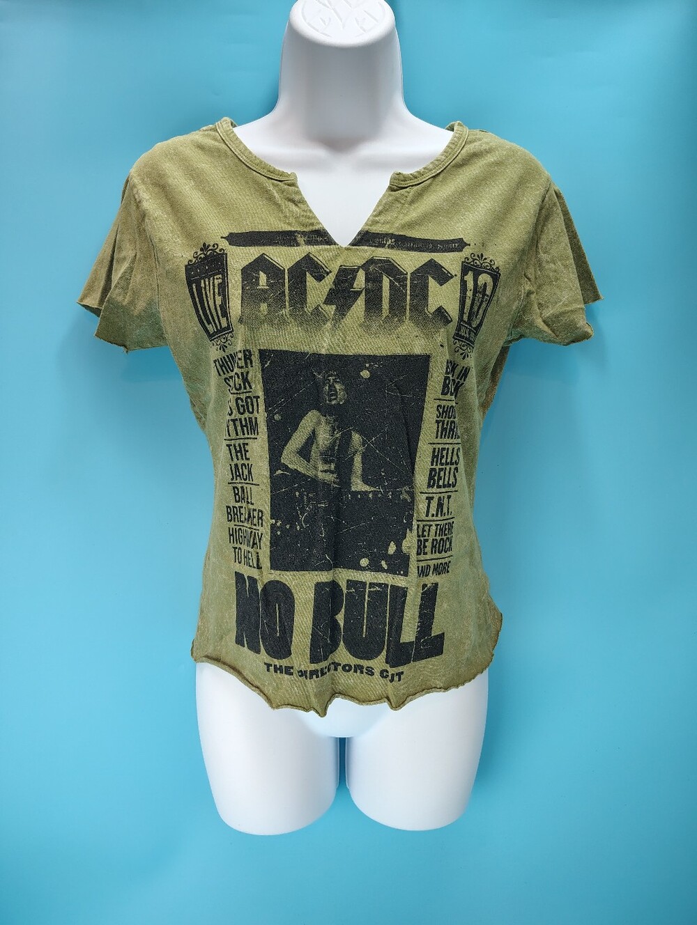 Junior Womens Size S  AC DC Army Green V Neck Top Directors Cut Album Print EUC